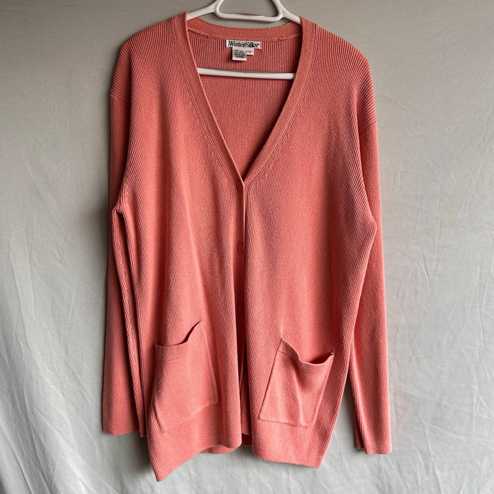 WinterSilks Pink Silk Cotton Knit V-Neck Button Pocket Cardigan Sweater Womens L